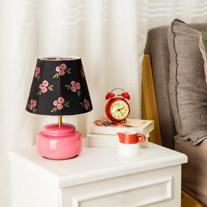 Contemporary Nordic Ceramic Fabric Colorful Plaid Pattern Drum Shape 1-Light Table Lamp For Bedroom