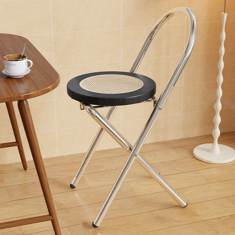 Traditional Japanese Round Arc Rattan Wood Iron Foldable Dining Chair Backrest Armless For Dining Room