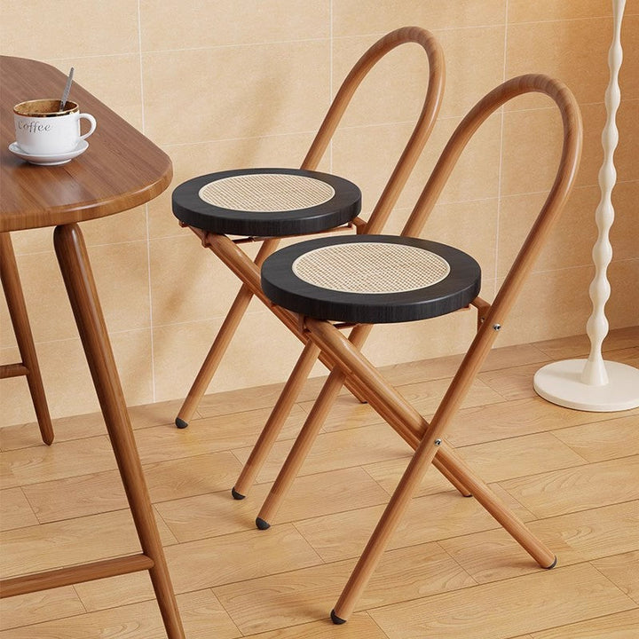 Traditional Japanese Round Arc Rattan Wood Iron Foldable Dining Chair Backrest Armless For Dining Room