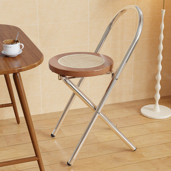 Traditional Japanese Round Arc Rattan Wood Iron Foldable Dining Chair Backrest Armless For Dining Room