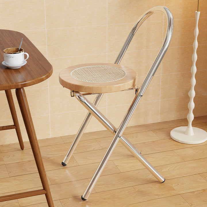 Traditional Japanese Round Arc Rattan Wood Iron Foldable Dining Chair Backrest Armless For Dining Room