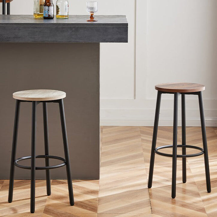 Modern Minimalist Wood Iron Round Bar Stool With Footrest For Living Room &amp; Dining Room