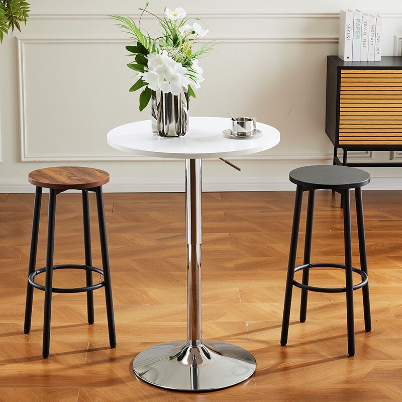 Modern Minimalist Wood Iron Round Bar Stool With Footrest For Living Room &amp; Dining Room