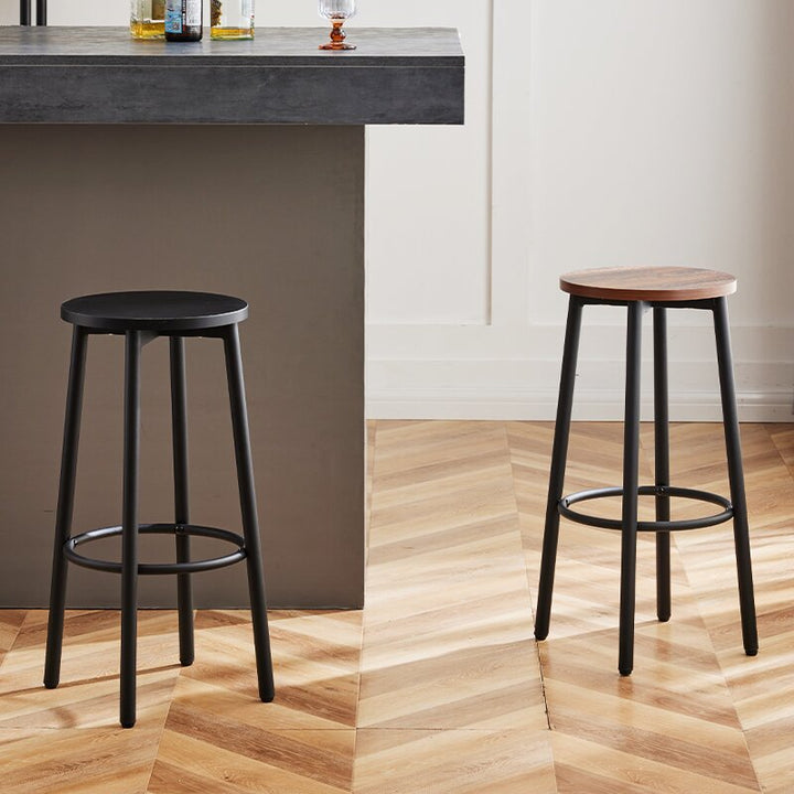 Modern Minimalist Wood Iron Round Bar Stool With Footrest For Living Room &amp; Dining Room