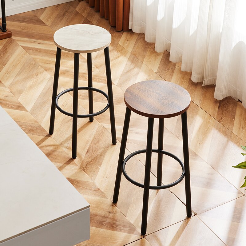 Modern Minimalist Wood Iron Round Bar Stool With Footrest For Living Room &amp; Dining Room