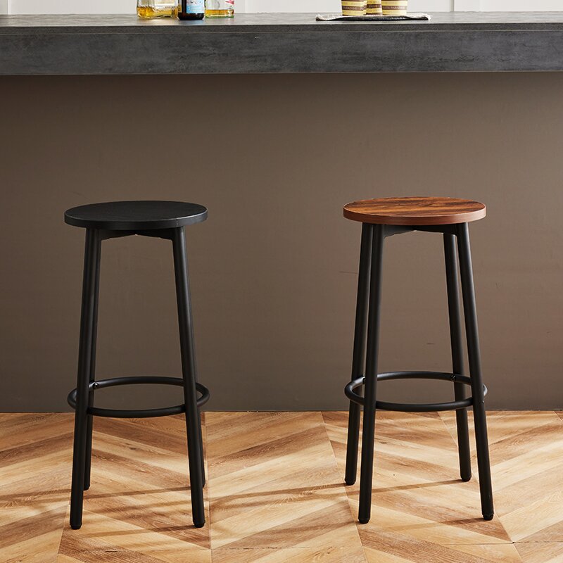 Modern Minimalist Wood Iron Round Bar Stool With Footrest For Living Room &amp; Dining Room