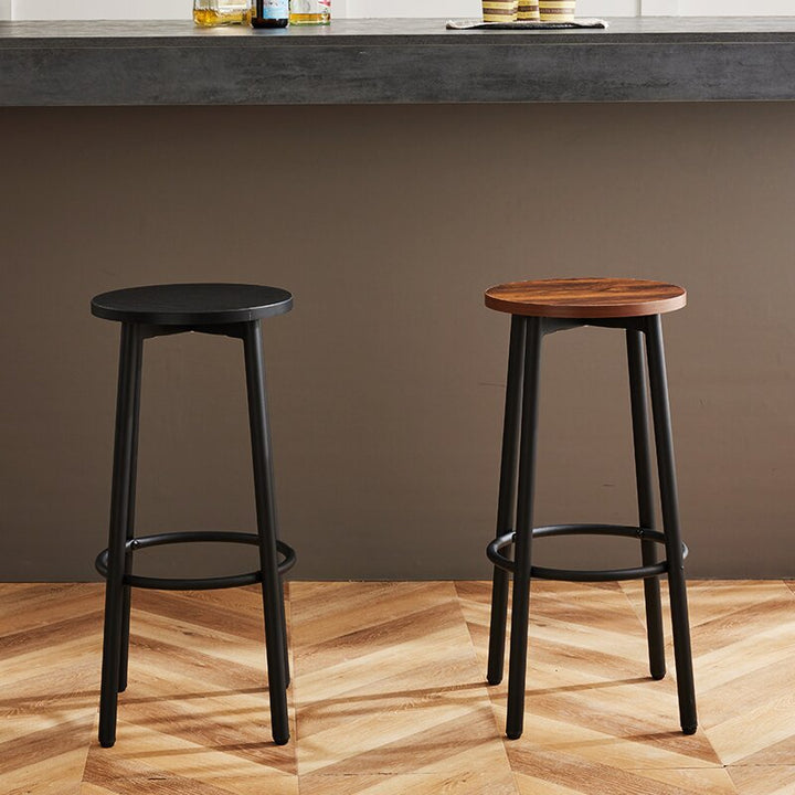 Modern Minimalist Wood Iron Round Bar Stool With Footrest For Living Room &amp; Dining Room