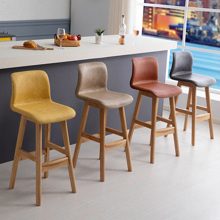Contemporary Scandinavian PU Leather Solid Wood Curved Square Bar Stool With Backrest For Dining Room