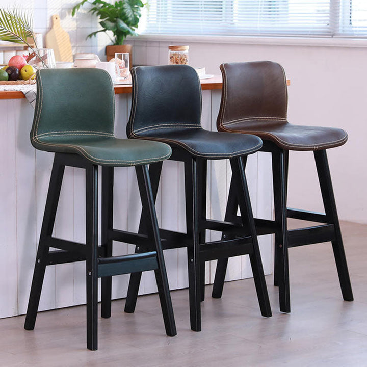 Contemporary Scandinavian PU Leather Solid Wood Curved Square Bar Stool With Backrest For Dining Room