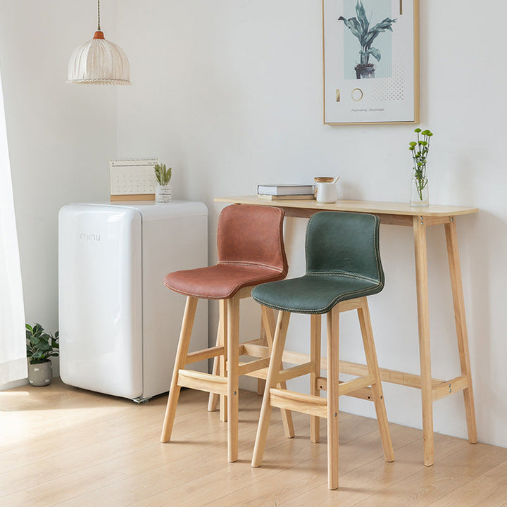 Contemporary Scandinavian PU Leather Solid Wood Curved Square Bar Stool With Backrest For Dining Room