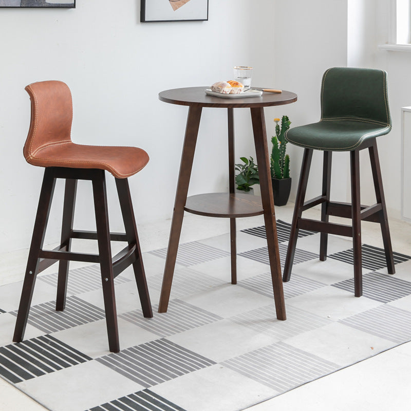 Contemporary Scandinavian PU Leather Solid Wood Curved Square Bar Stool With Backrest For Dining Room