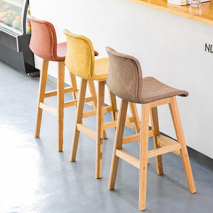 Contemporary Scandinavian PU Leather Solid Wood Curved Square Bar Stool With Backrest For Dining Room