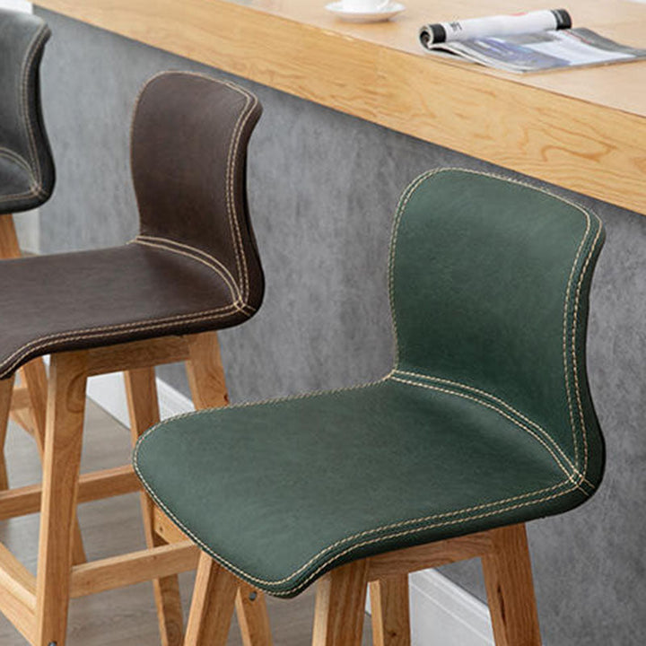 Contemporary Scandinavian PU Leather Solid Wood Curved Square Bar Stool With Backrest For Dining Room