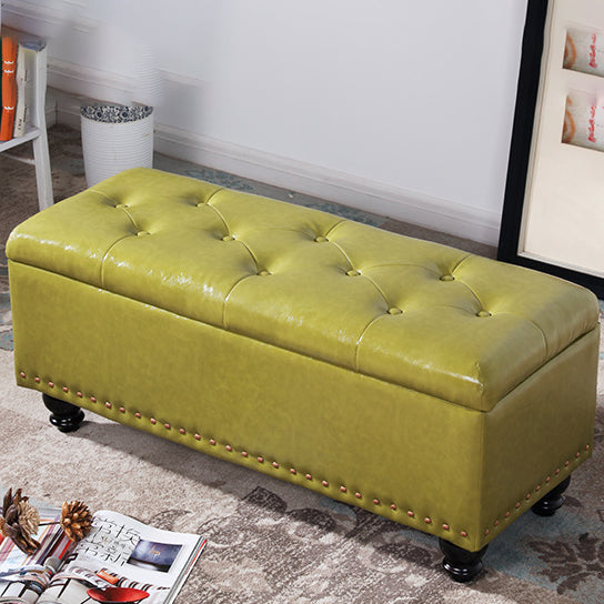 Contemporary Nordic Wood Faux Oil Wax Leather Upholstered Rectangular Storage Bench For Living Room