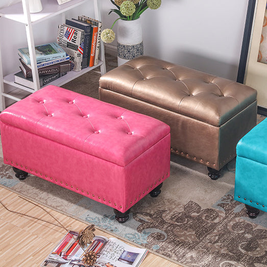 Contemporary Nordic Wood Faux Oil Wax Leather Upholstered Rectangular Storage Bench For Living Room