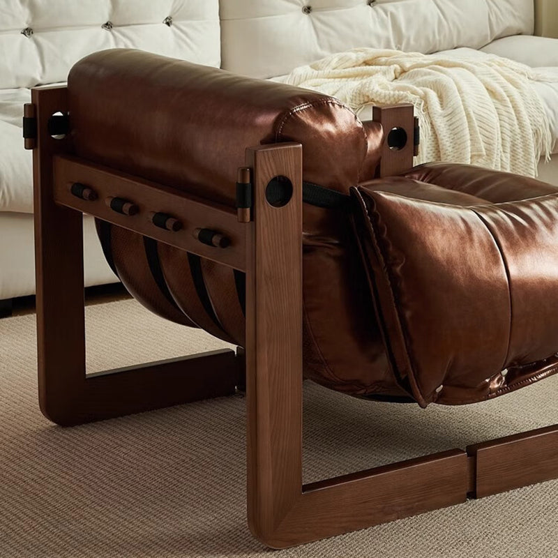 Traditional Vintage Rectangular Rubberwood Oil Wax Leather Accent Chair Backrest Armrest For Living Room