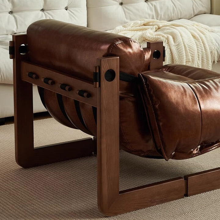 Traditional Vintage Rectangular Rubberwood Oil Wax Leather Accent Chair Backrest Armrest For Living Room