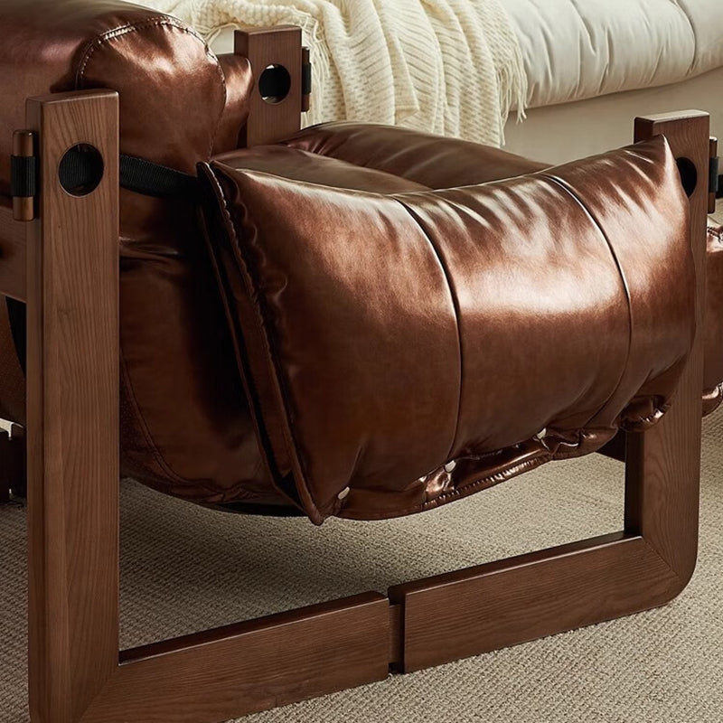Traditional Vintage Rectangular Rubberwood Oil Wax Leather Accent Chair Backrest Armrest For Living Room