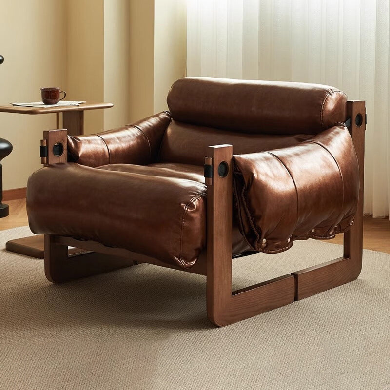 Traditional Vintage Rectangular Rubberwood Oil Wax Leather Accent Chair Backrest Armrest For Living Room