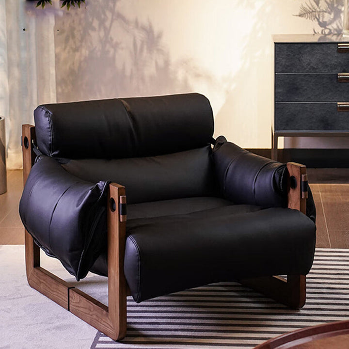 Traditional Vintage Rectangular Rubberwood Oil Wax Leather Accent Chair Backrest Armrest For Living Room
