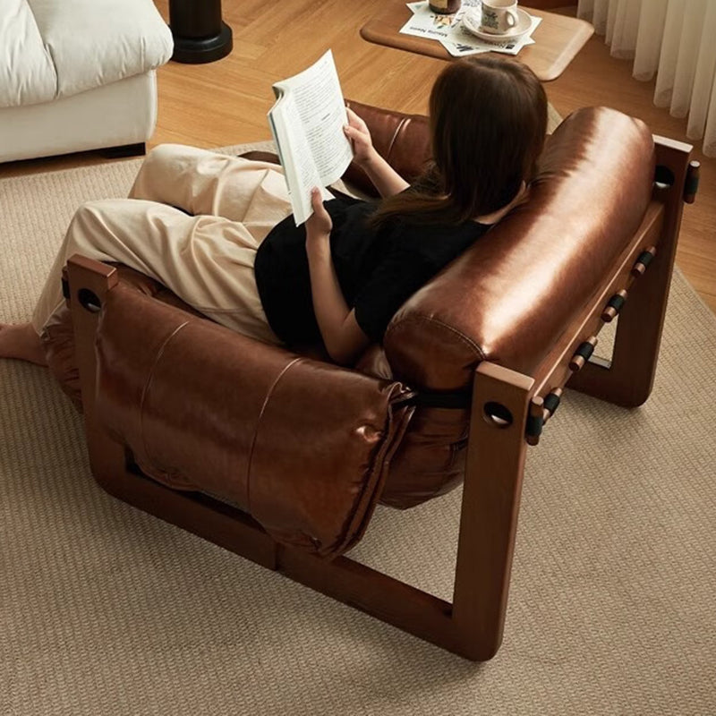 Traditional Vintage Rectangular Rubberwood Oil Wax Leather Accent Chair Backrest Armrest For Living Room
