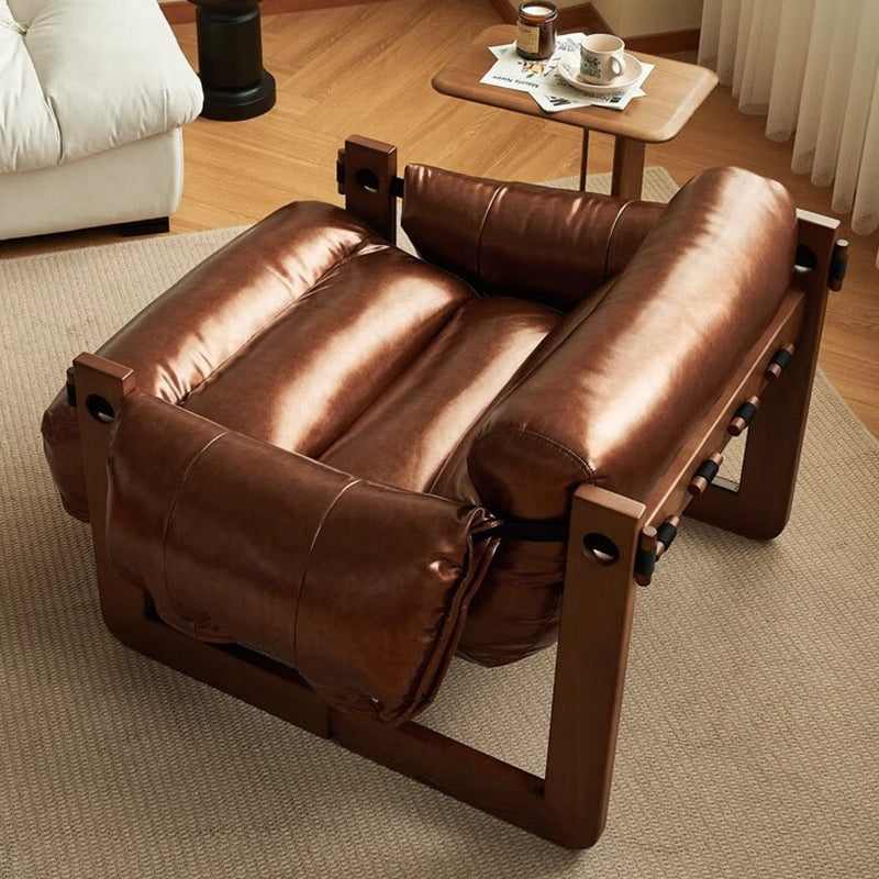 Traditional Vintage Rectangular Rubberwood Oil Wax Leather Accent Chair Backrest Armrest For Living Room