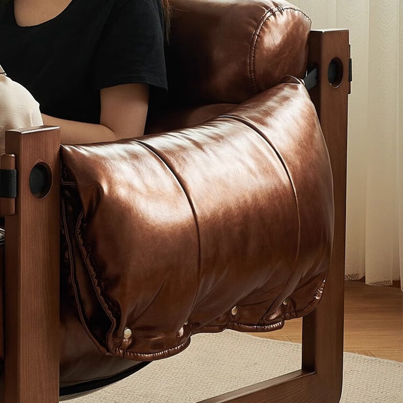 Traditional Vintage Rectangular Rubberwood Oil Wax Leather Accent Chair Backrest Armrest For Living Room