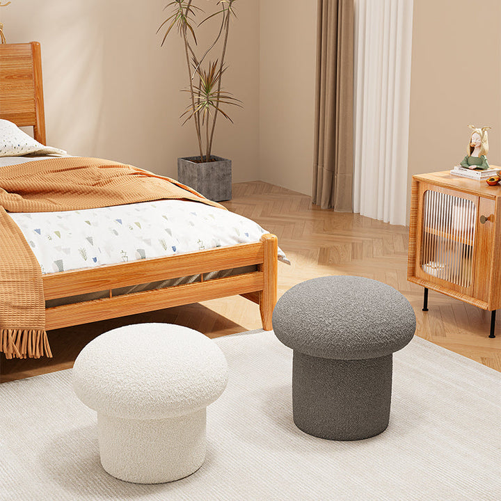Contemporary Scandinavian Creative Mushroom Round Cylinder Wood Sherpa Fabric Vanity Stool For Bedroom