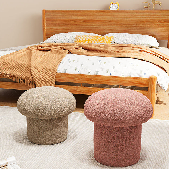 Contemporary Scandinavian Creative Mushroom Round Cylinder Wood Sherpa Fabric Vanity Stool For Bedroom