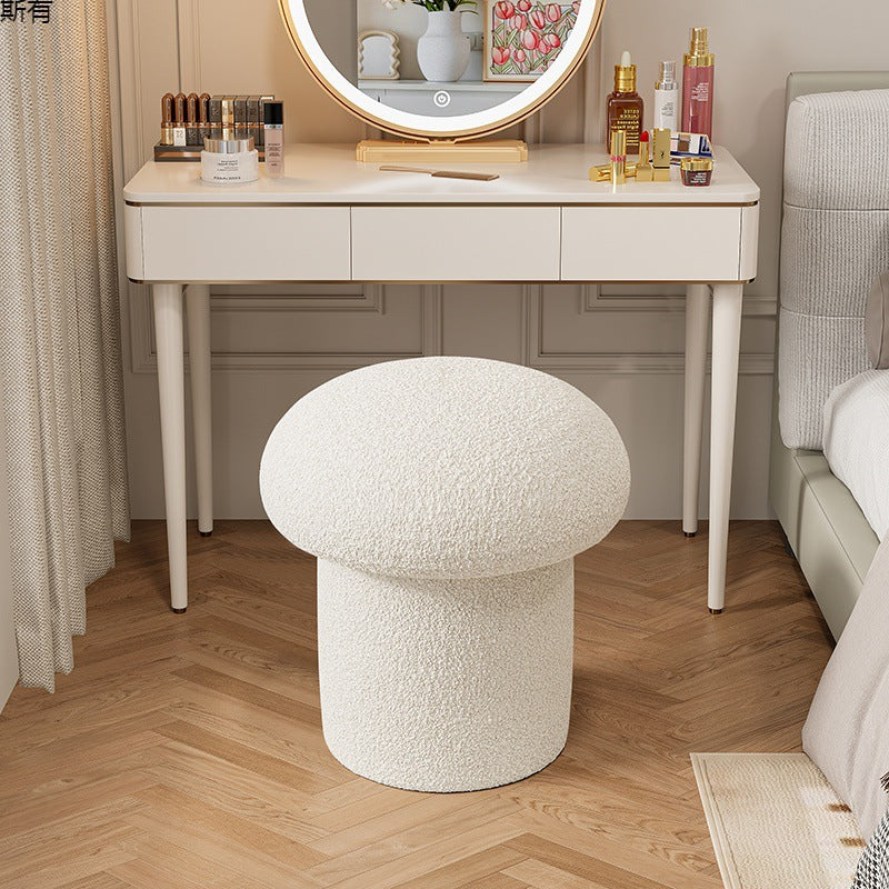 Contemporary Scandinavian Creative Mushroom Round Cylinder Wood Sherpa Fabric Vanity Stool For Bedroom