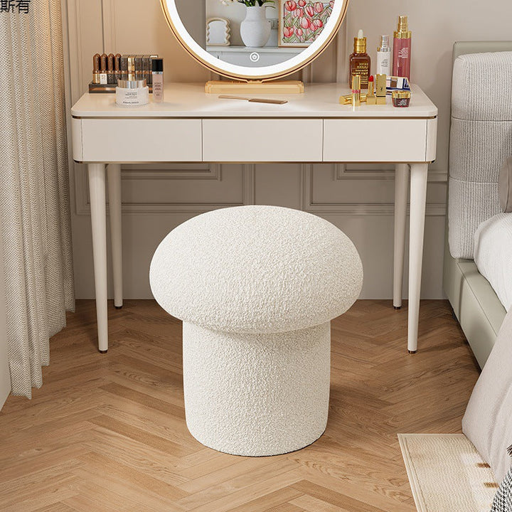 Contemporary Scandinavian Creative Mushroom Round Cylinder Wood Sherpa Fabric Vanity Stool For Bedroom