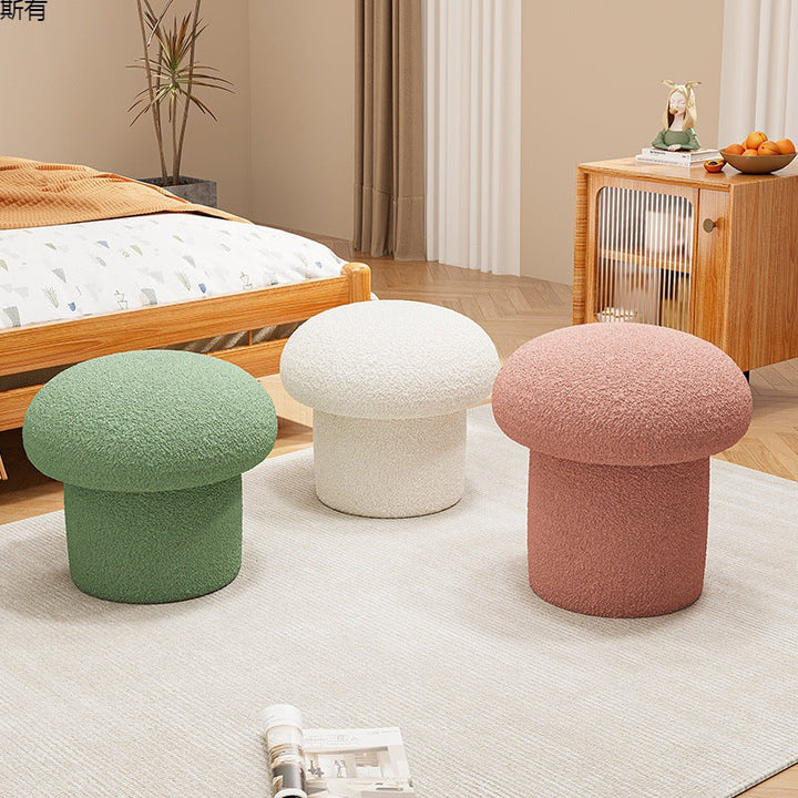 Contemporary Scandinavian Creative Mushroom Round Cylinder Wood Sherpa Fabric Vanity Stool For Bedroom