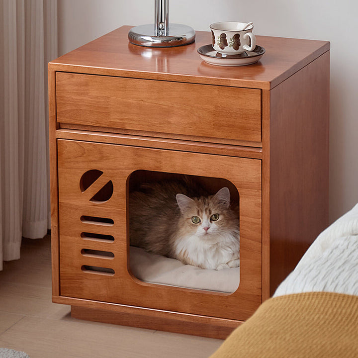 Contemporary Creative Rectangular Rubberwood Plywood Pine Wood Cat Bed Nightstand 1-Drawer For Bedroom