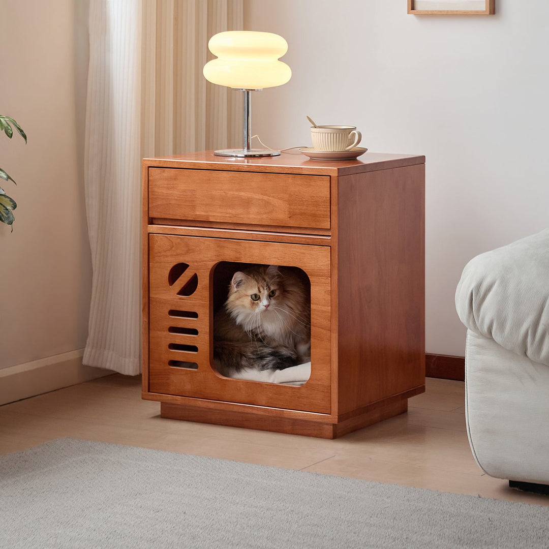Contemporary Creative Rectangular Rubberwood Plywood Pine Wood Cat Bed Nightstand 1-Drawer For Bedroom