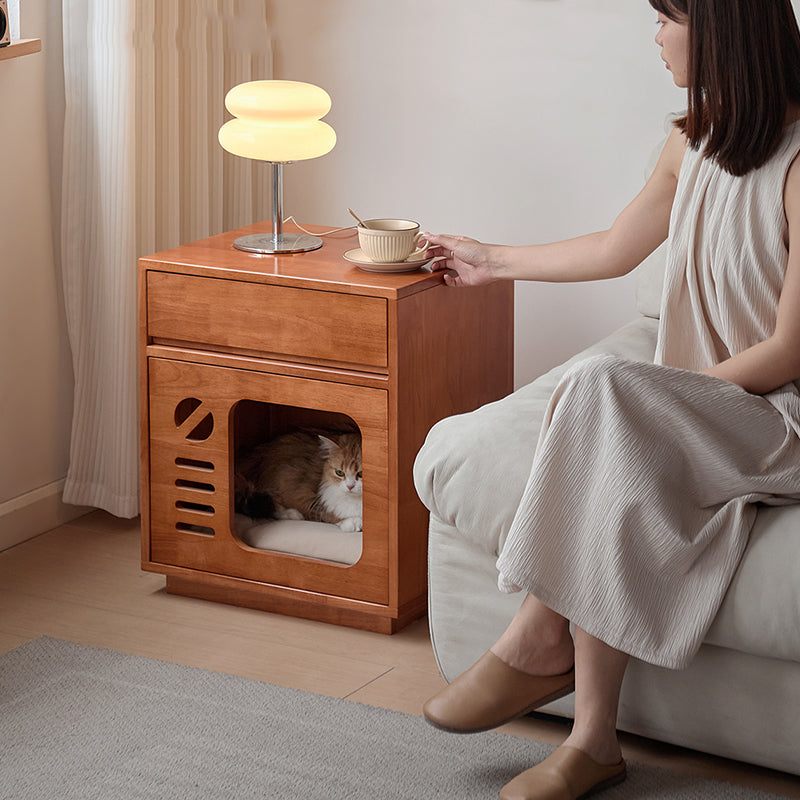 Contemporary Creative Rectangular Rubberwood Plywood Pine Wood Cat Bed Nightstand 1-Drawer For Bedroom