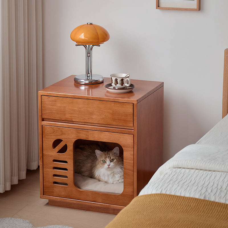 Contemporary Creative Rectangular Rubberwood Plywood Pine Wood Cat Bed Nightstand 1-Drawer For Bedroom