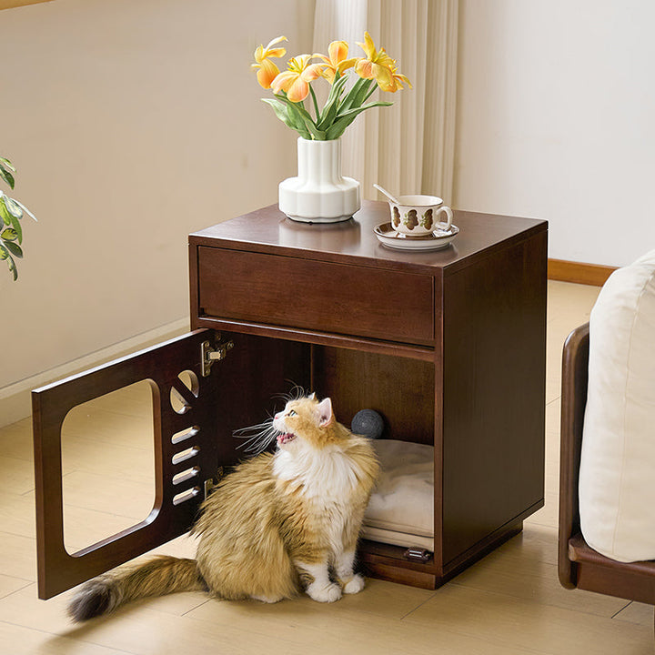 Contemporary Creative Rectangular Rubberwood Plywood Pine Wood Cat Bed Nightstand 1-Drawer For Bedroom
