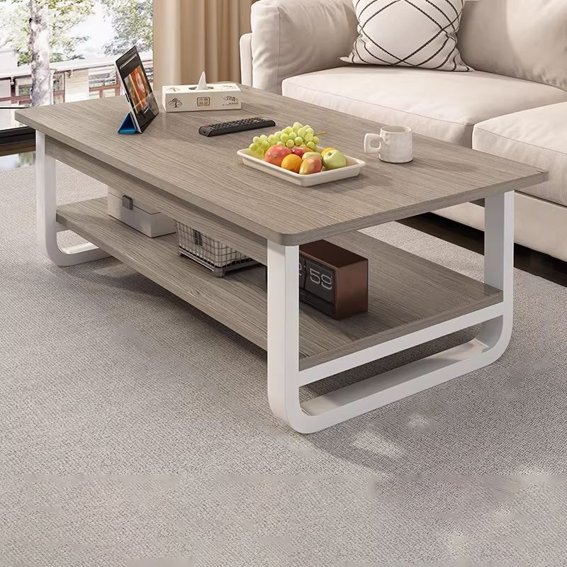Contemporary Industrial MDF &amp; Steel Pipe Rectangular Coffee Table 2-Tier For Living Room