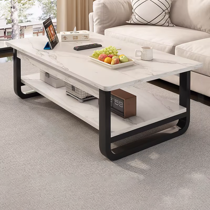 Contemporary Industrial MDF &amp; Steel Pipe Rectangular Coffee Table 2-Tier For Living Room