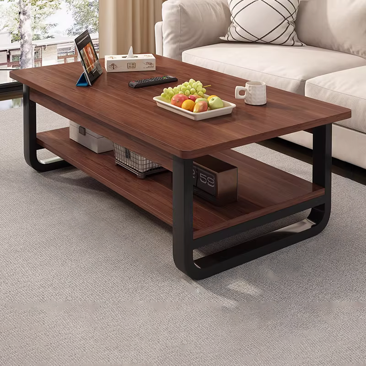 Contemporary Industrial MDF &amp; Steel Pipe Rectangular Coffee Table 2-Tier For Living Room