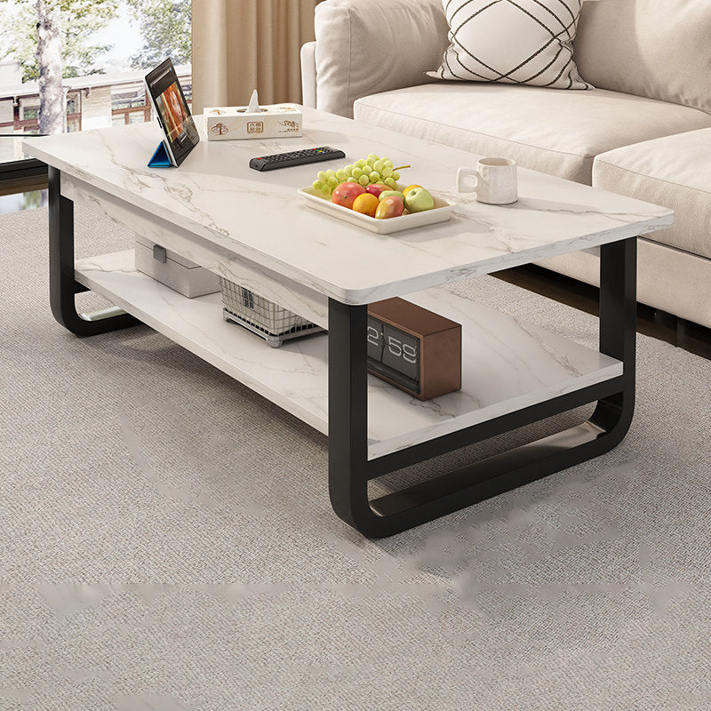 Contemporary Industrial MDF &amp; Steel Pipe Rectangular Coffee Table 2-Tier For Living Room