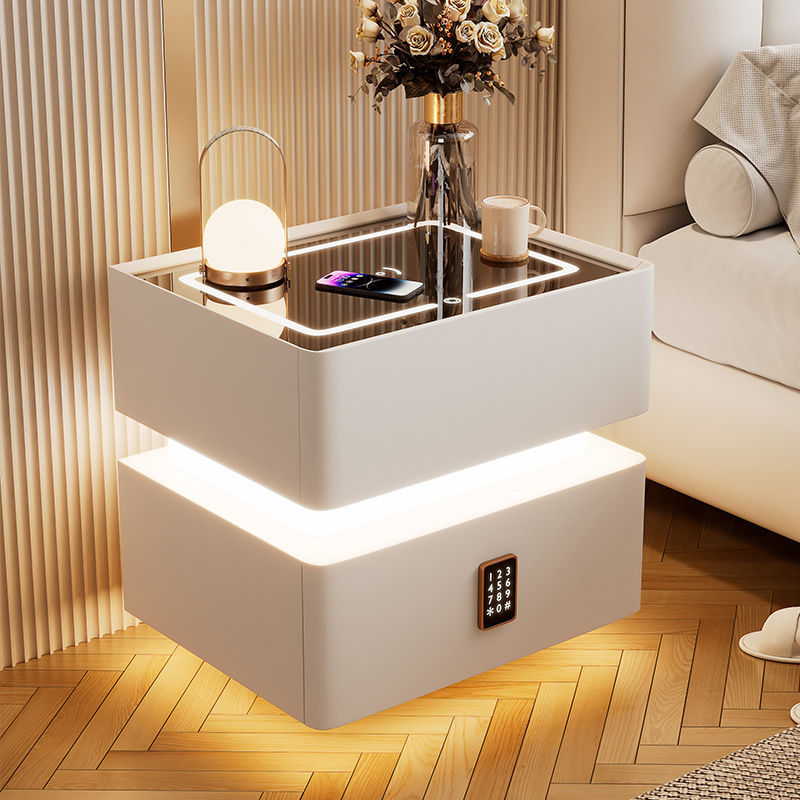 Modern Luxury Rock Panel Tempered Glass Microfiber Leather Solid Wood Rounded Nightstand 2-Drawer For Bedroom