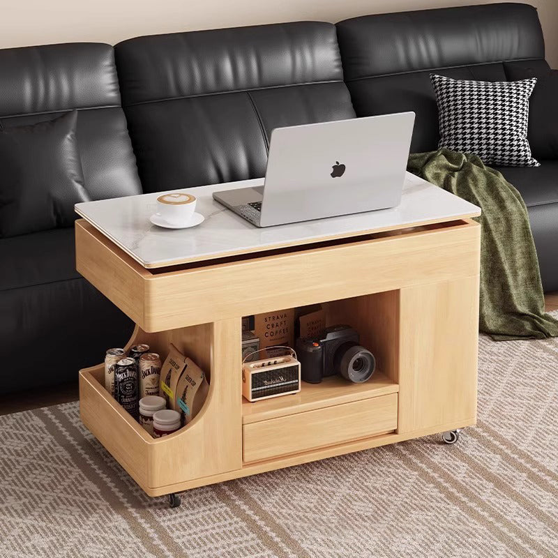 Contemporary Scandinavian Solid Wood Tempered Glass Metal Rectangular Mobile Side Table With 2-Cabinet For Living Room