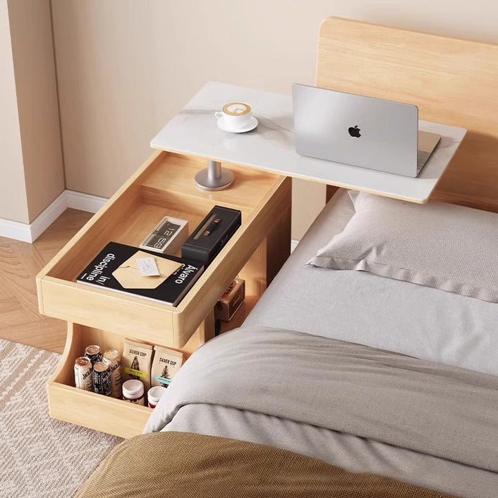 Contemporary Scandinavian Solid Wood Tempered Glass Metal Rectangular Mobile Side Table With 2-Cabinet For Living Room