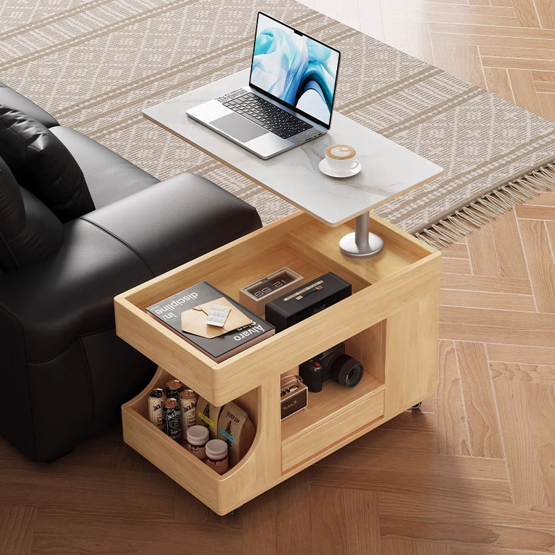 Contemporary Scandinavian Solid Wood Tempered Glass Metal Rectangular Mobile Side Table With 2-Cabinet For Living Room