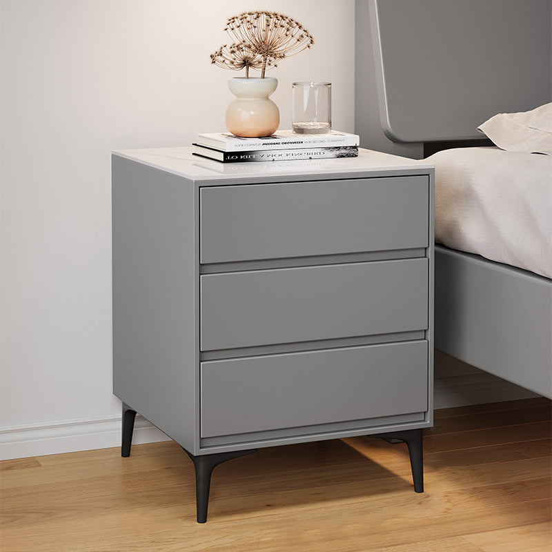Modern Luxury Solid Wood Sintered Stone Metal Rectangular Nightstand With 3 Drawers For Bedroom