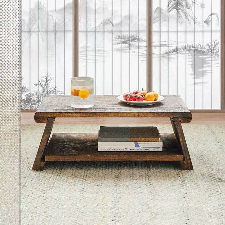 Traditional Japanese Solid Wood Rectangle Coffee Table 2-Tier For Living Room