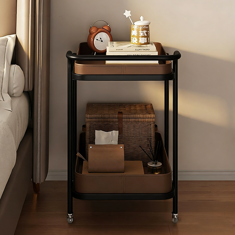 Contemporary Scandinavian Saddle Leather Carbon Steel Movable Cylindrical Rectangular Side Table With 2-Tier For Living Room