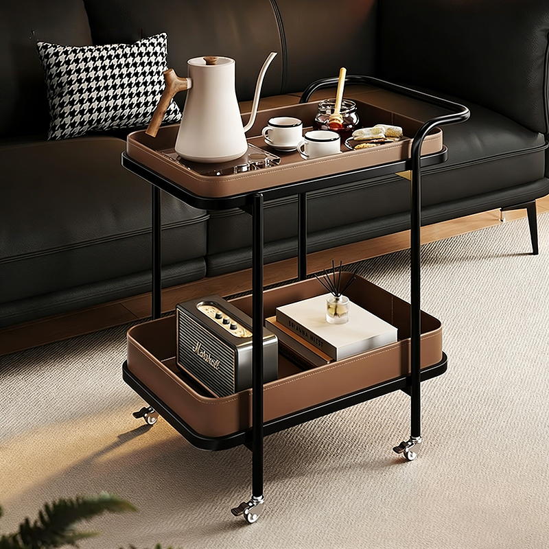 Contemporary Scandinavian Saddle Leather Carbon Steel Movable Cylindrical Rectangular Side Table With 2-Tier For Living Room