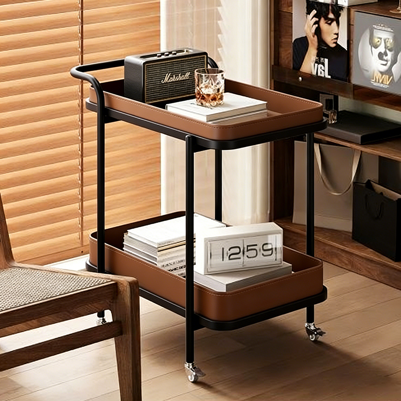 Contemporary Scandinavian Saddle Leather Carbon Steel Movable Cylindrical Rectangular Side Table With 2-Tier For Living Room